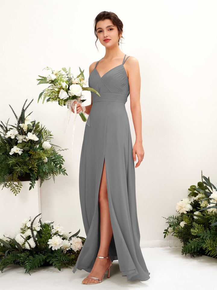 Steel Gray Bridesmaid Dresses Bridesmaid Dress A-line Chiffon Spaghetti-straps Full Length Sleeveless Wedding Party Dress (81225420)