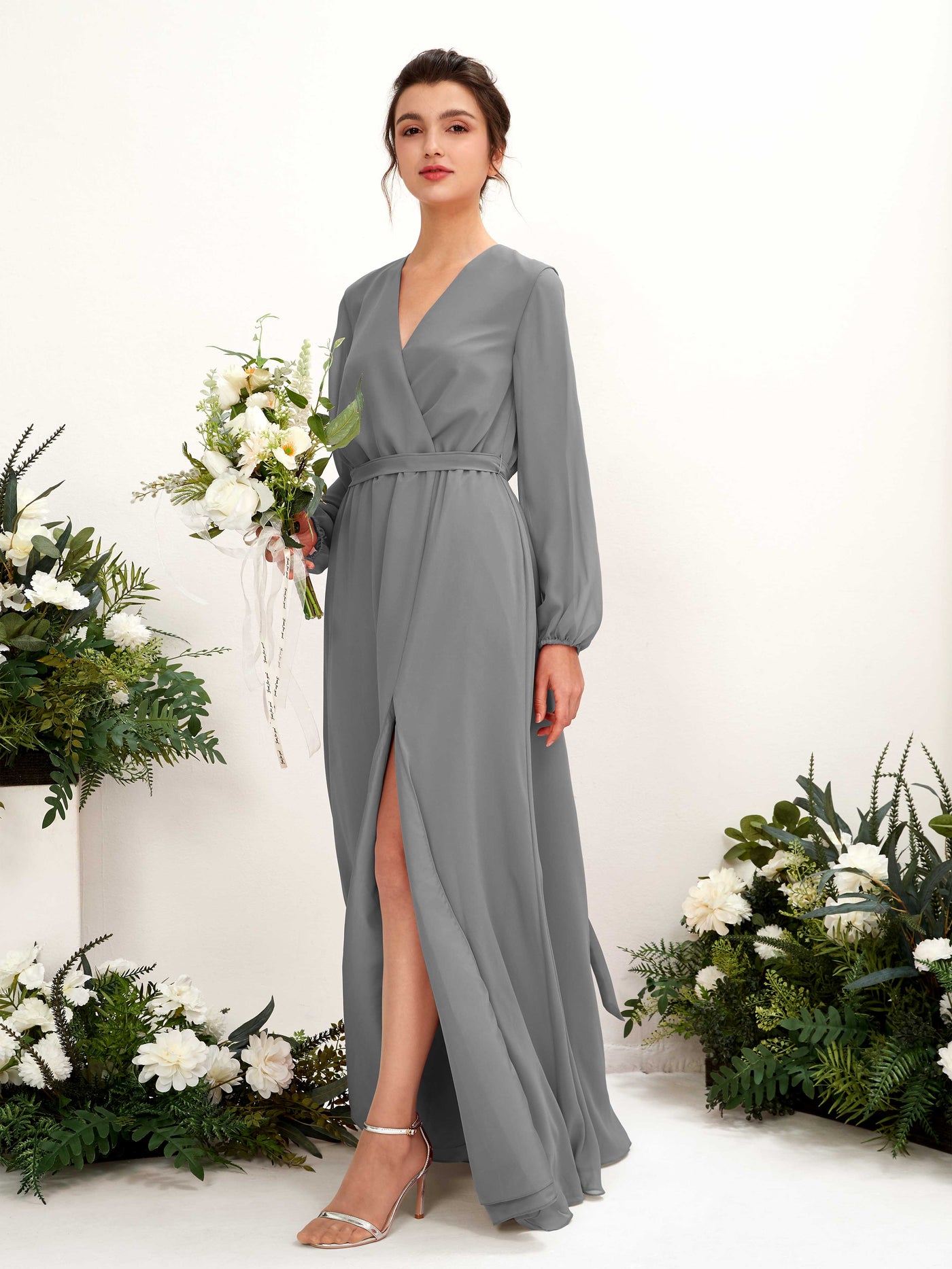 Steel Gray Bridesmaid Dresses Bridesmaid Dress A-line Chiffon V-neck Full Length Long Sleeves Wedding Party Dress (81223220)#color_steel-gray