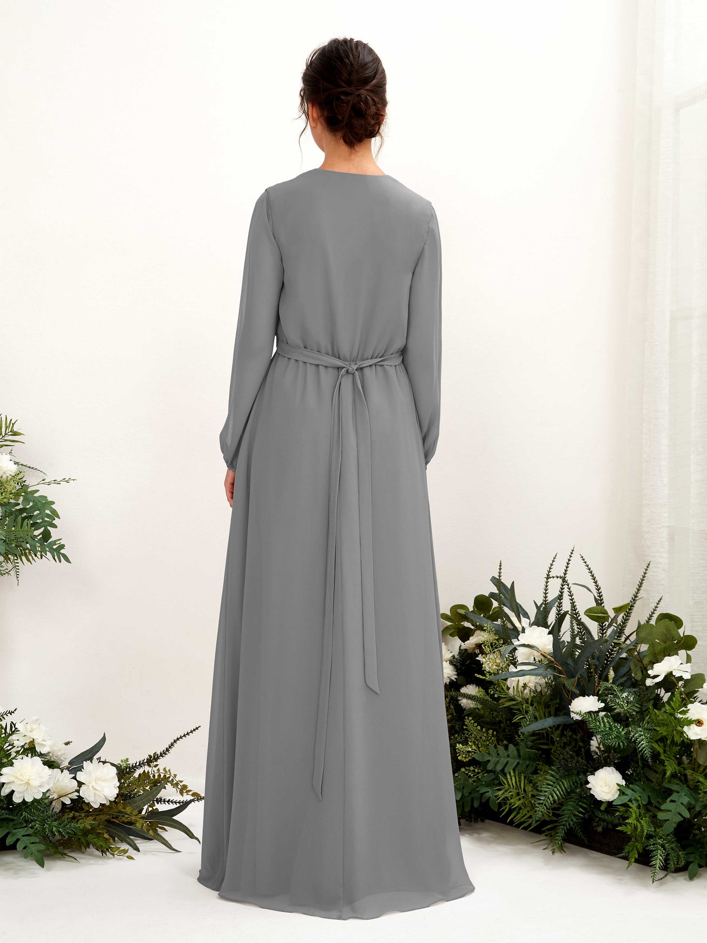 Steel Gray Bridesmaid Dresses Bridesmaid Dress A-line Chiffon V-neck Full Length Long Sleeves Wedding Party Dress (81223220)#color_steel-gray