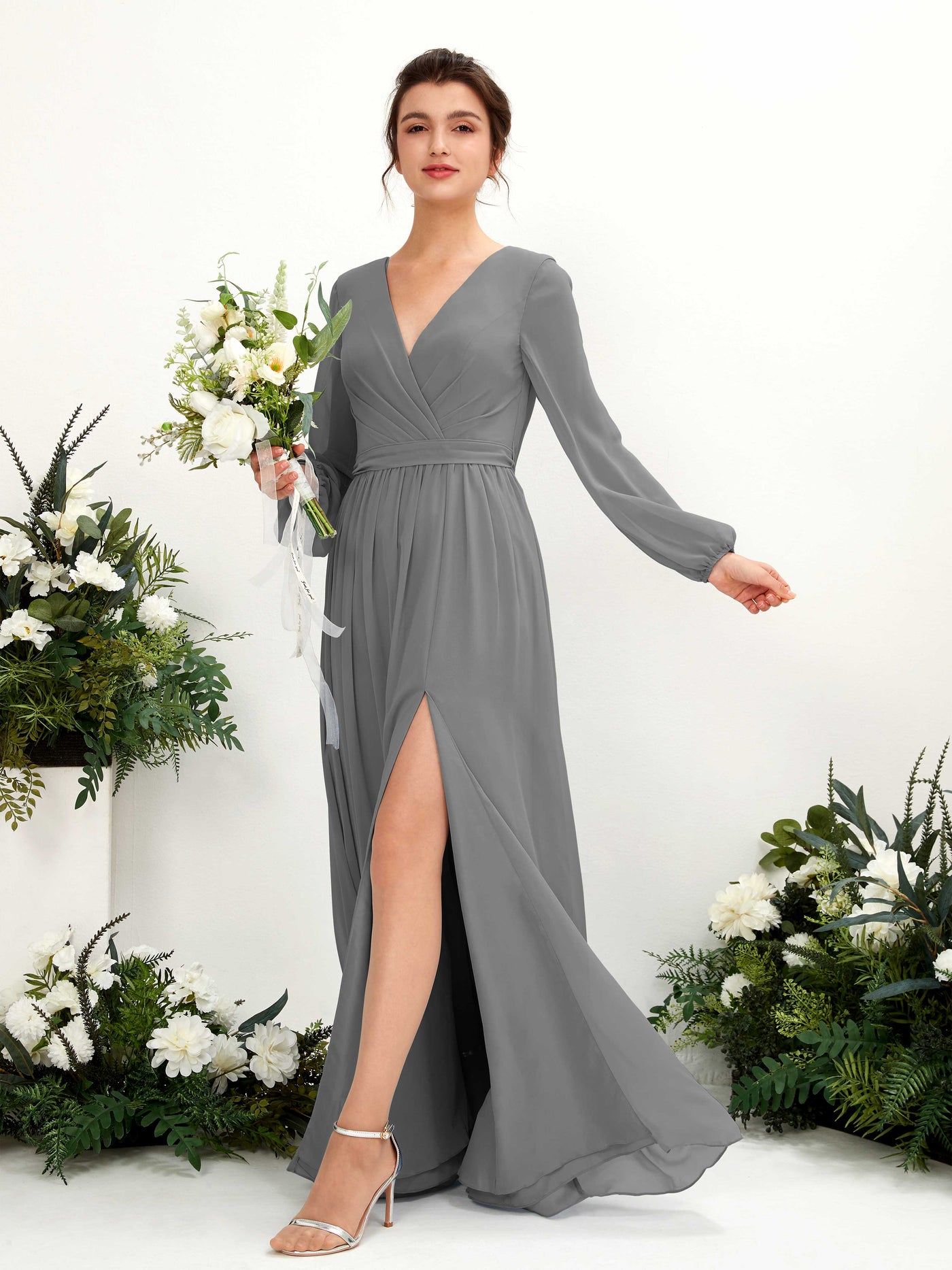 Steel Gray Bridesmaid Dresses Bridesmaid Dress A-line Chiffon V-neck Full Length Long Sleeves Wedding Party Dress (81223820)#color_steel-gray