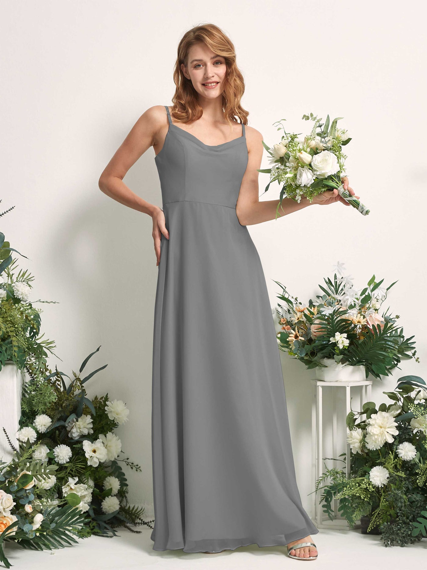 Bridesmaid Dress A-line Chiffon Spaghetti-straps Full Length Sleeveless Wedding Party Dress - Steel Gray (81227220)#color_steel-gray