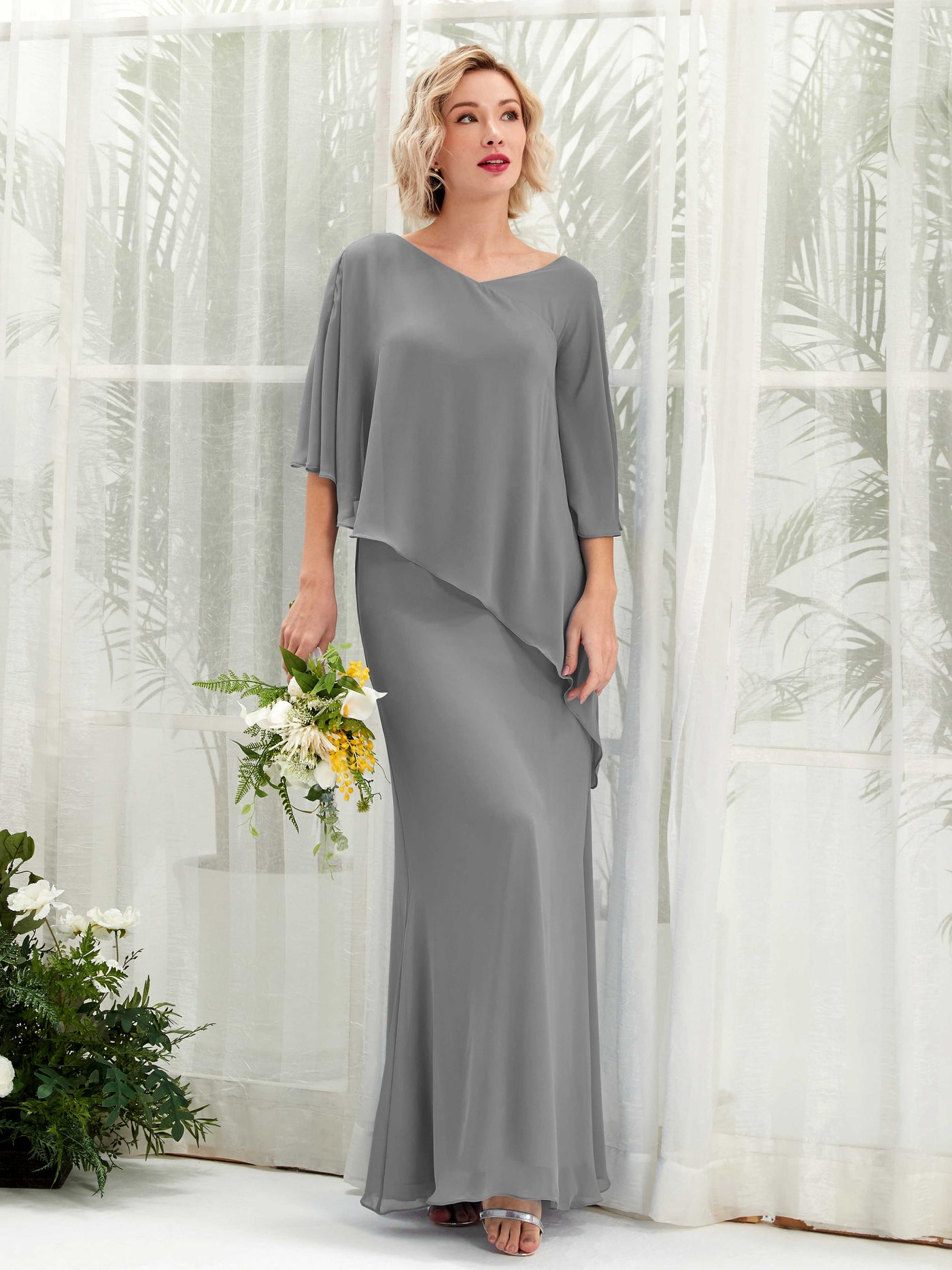 Steel Gray Bridesmaid Dresses Bridesmaid Dress Bohemian Chiffon V-neck Full Length 3/4 Sleeves Wedding Party Dress (81222520)#color_steel-gray