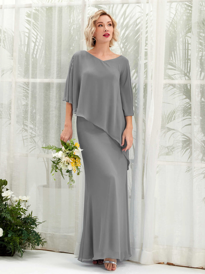 Steel Gray Bridesmaid Dresses Bridesmaid Dress Bohemian Chiffon V-neck Full Length 3/4 Sleeves Wedding Party Dress (81222520)