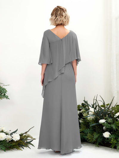 Carlyna Violaine A-Line Steel Gray Bridesmaid Dress Maxi Three Quarter Sleeve V-Neck Dress Back View #color_steel-gray