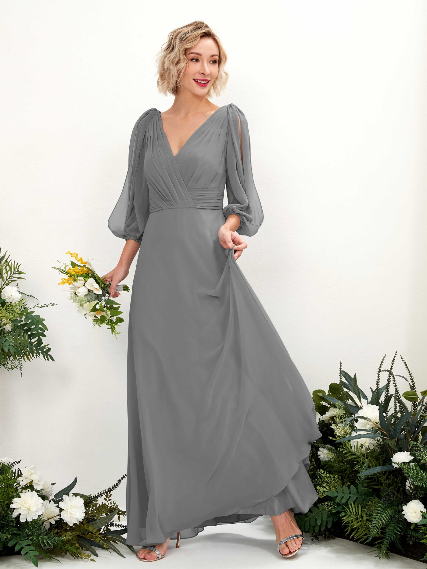 Steel Gray Bridesmaid Dresses Bridesmaid Dress Chiffon V-neck Full Length Long Sleeves Wedding Party Dress (81223520)#color_steel-gray