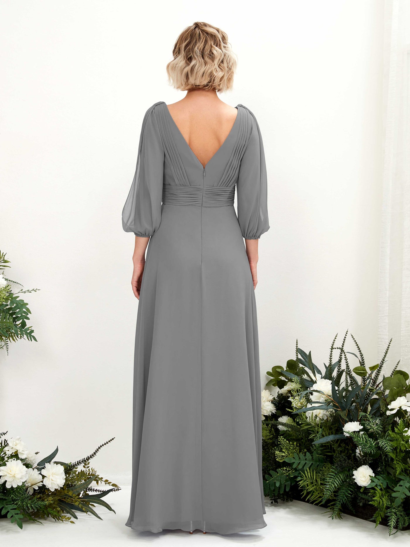 Steel Gray Bridesmaid Dresses Bridesmaid Dress Chiffon V-neck Full Length Long Sleeves Wedding Party Dress (81223520)#color_steel-gray