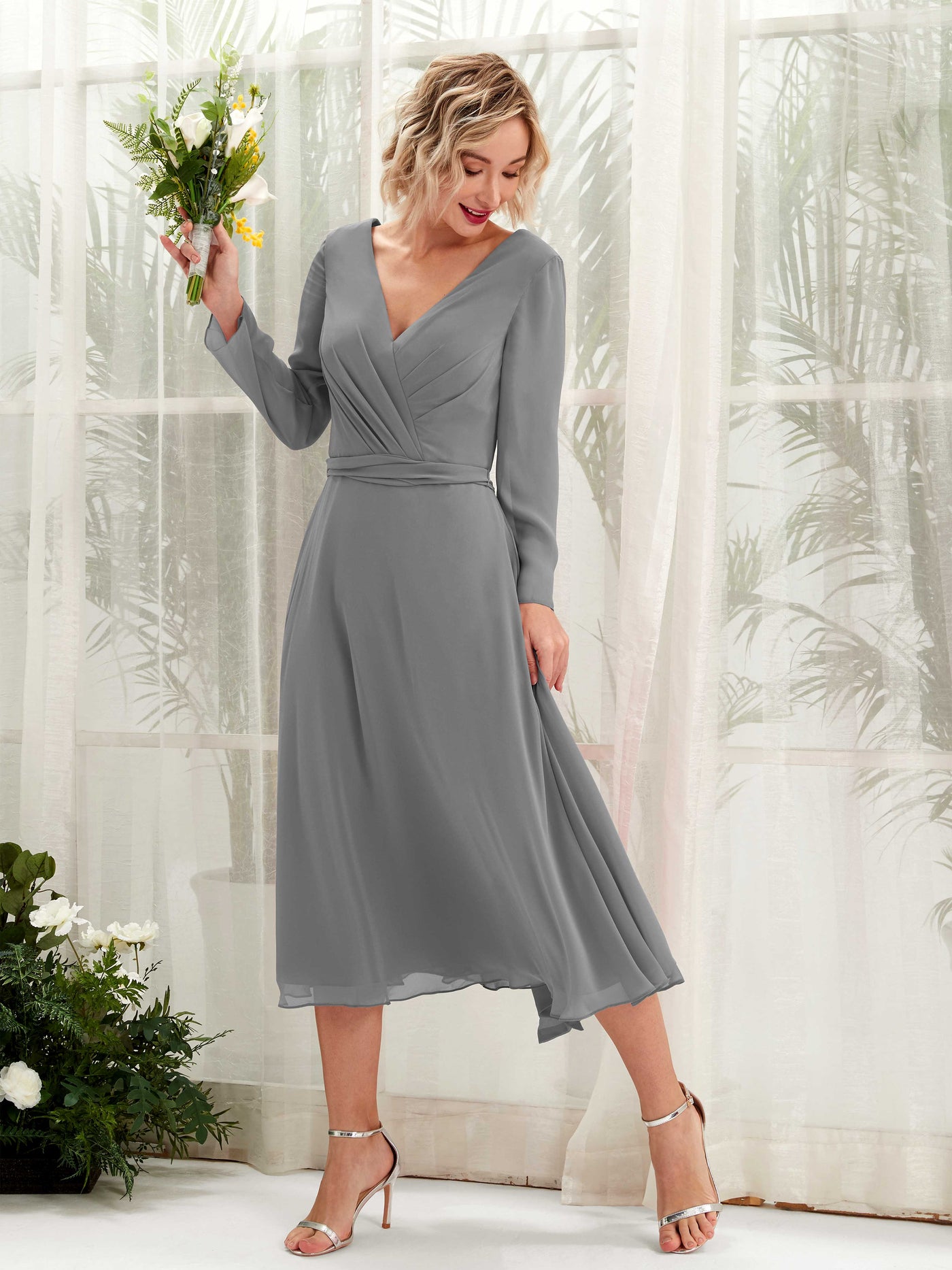 Champagne Chiffon V-Neck Bridesmaid Dress A-Line Midi