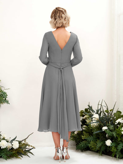 Carlyna Joanna A-Line Steel Gray Bridesmaid Dress Midi Long Sleeve V-Neck Back View #color_steel-gray