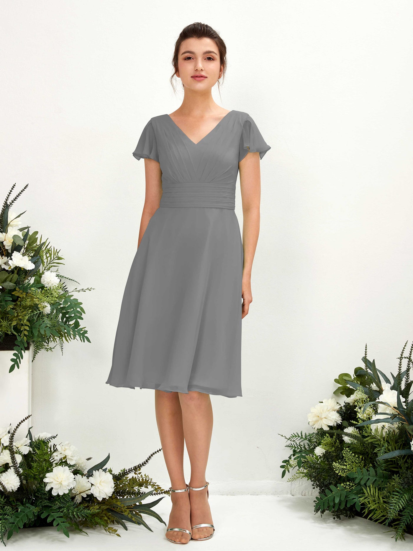 Steel Gray Bridesmaid Dresses Bridesmaid Dress Chiffon V-neck Knee Length Short Sleeves Wedding Party Dress (81220220)#color_steel-gray