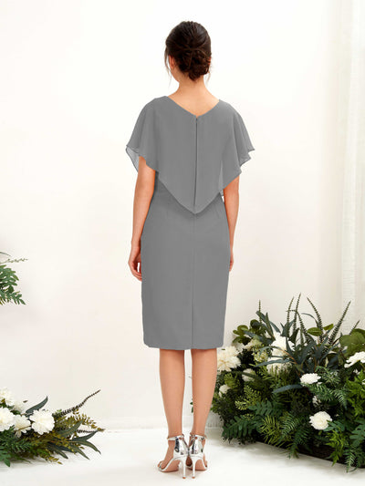 Carlyna Vanessa Sheath Steel Gray Bridesmaid Dress Knee-Length Cap Sleeve V-Neck Dress Back View #color_steel-gray
