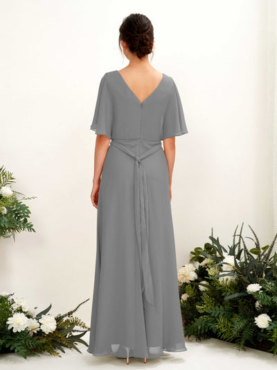 Carlyna Merta A-Line Steel Gray Bridesmaid Dress Maxi Short Sleeve V-Neck Dress Back View #color_steel-gray