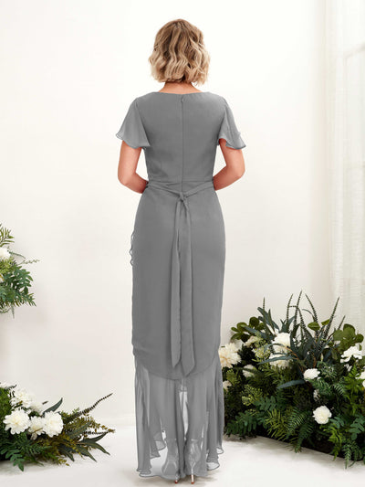 Carlyna Eartha Mermaid Steel Gray Bridesmaid Dress Maxi Cap Sleeve V-Neck Dress Back View #color_steel-gray