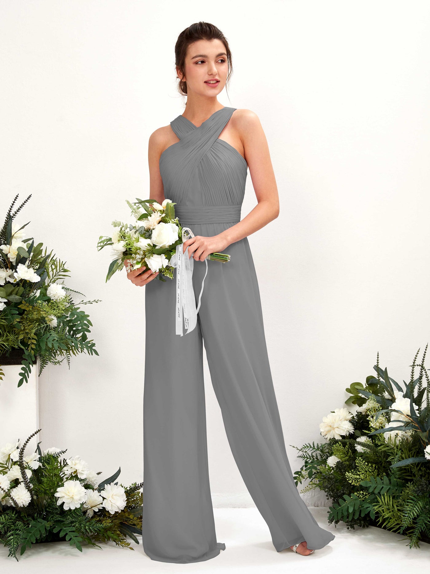 Steel Gray Bridesmaid Dresses Bridesmaid Dress Chiffon V-neck Full Length Sleeveless Wedding Party Dress (81220720)#color_steel-gray