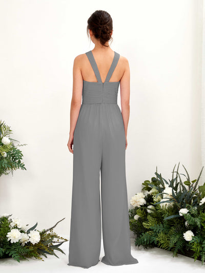 Carlyna Hilona Jumpsuit Steel Gray Bridesmaid Dress Maxi Sleeveless V-Neck Dress Back View #color_steel-gray