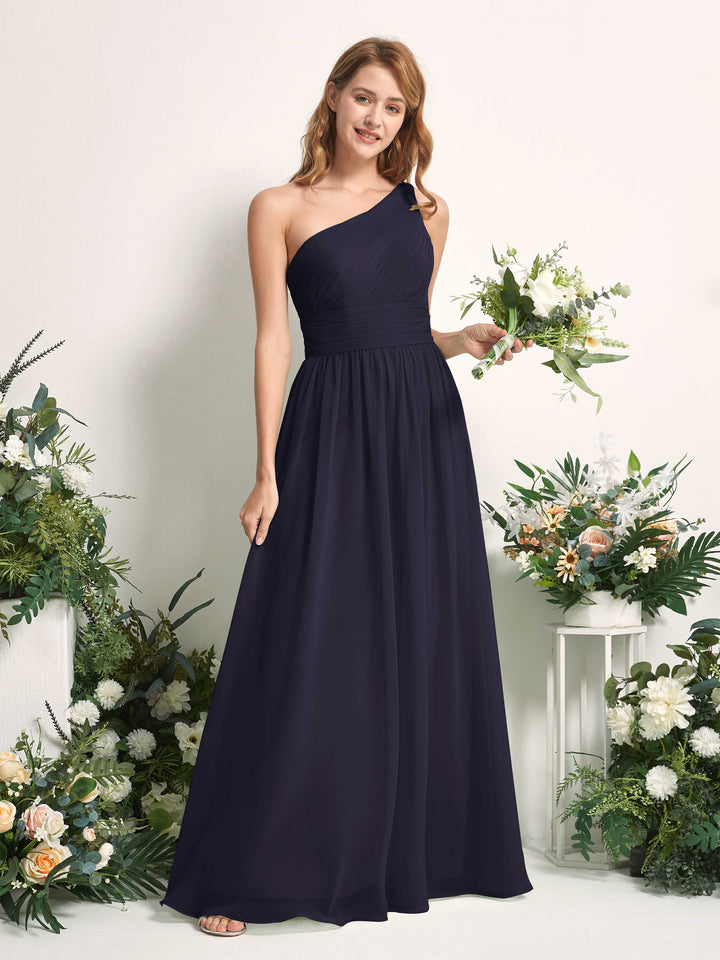 Bridesmaid Dress A-line Chiffon One Shoulder Full Length Sleeveless Wedding Party Dress - Dark Navy (81226718)