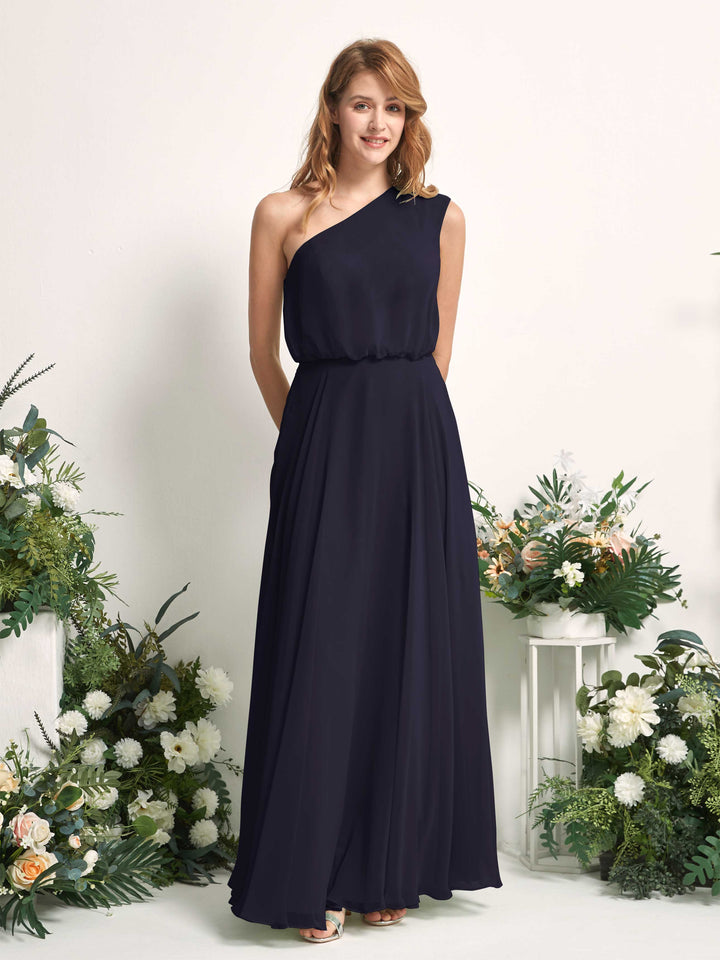 Bridesmaid Dress A-line Chiffon One Shoulder Full Length Sleeveless Wedding Party Dress - Dark Navy (81226818)