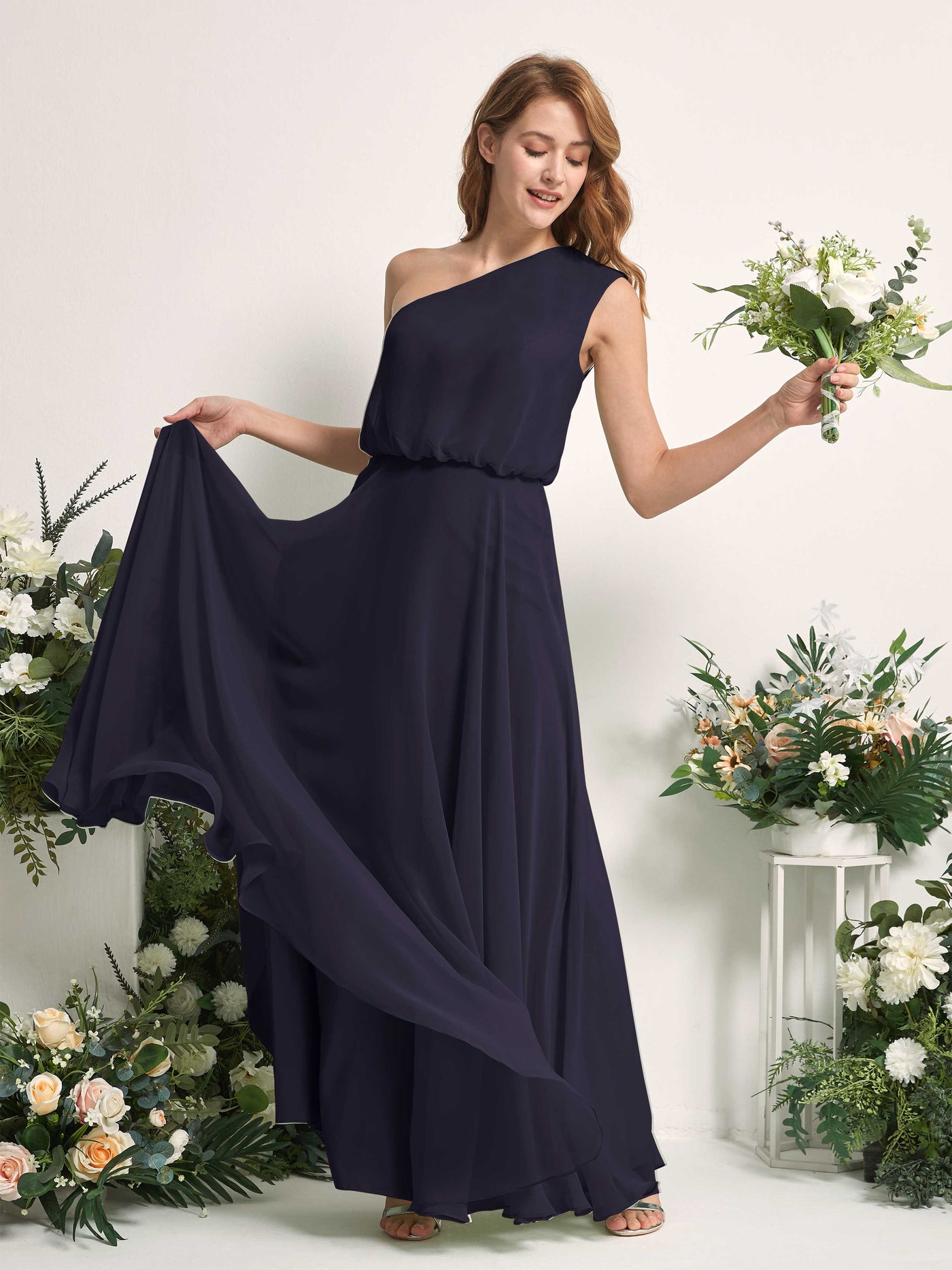 Bridesmaid Dress A-line Chiffon One Shoulder Full Length Sleeveless Wedding Party Dress - Dark Navy (81226818)#color_dark-navy