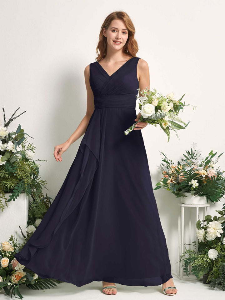 Bridesmaid Dress A-line Chiffon V-neck Full Length Sleeveless Wedding Party Dress - Dark Navy (81227118)