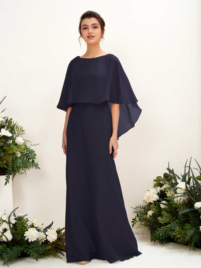 Carlyna Savin Sheath Dark Navy Bridesmaid Dress Maxi Cap Sleeve Boat Neck Dress Front View #color_dark-navy