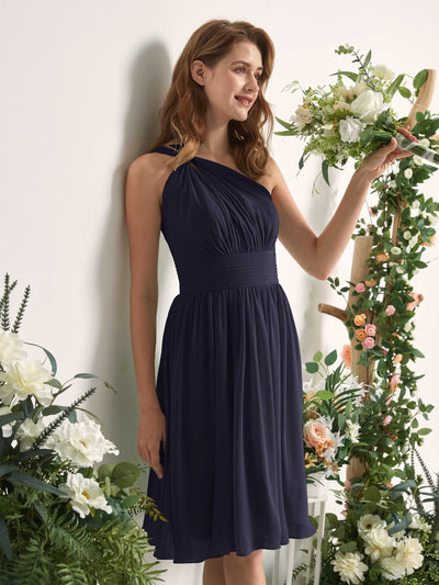 Carlyna Echo A-Line Dark Navy Bridesmaid Dress Knee-Length Sleeveless One Shoulder Dress Side View 2 #color_dark-navy