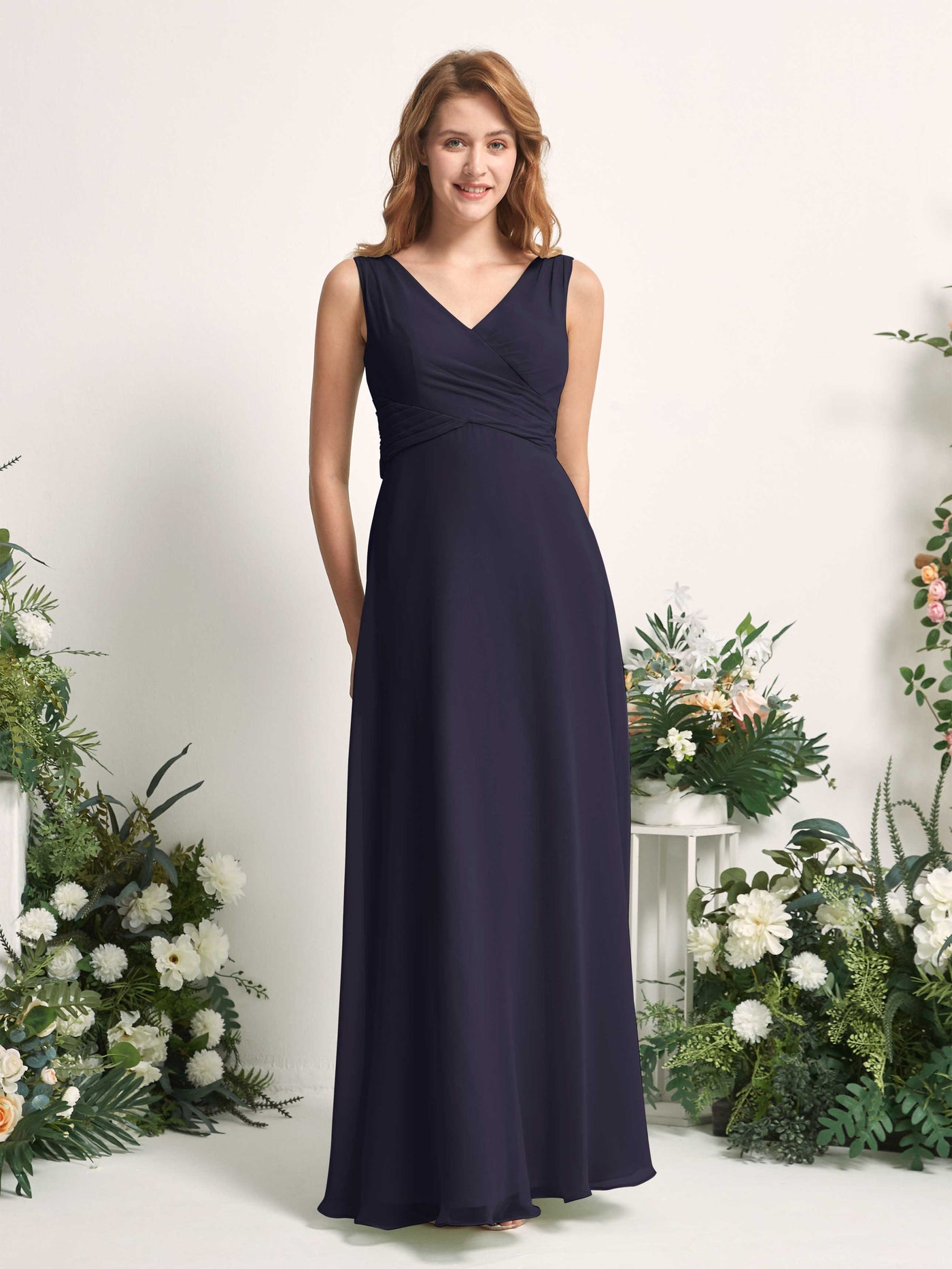 Bridesmaid Dress A-line Chiffon Straps Full Length Sleeveless Wedding Party Dress - Dark Navy (81227318)#color_dark-navy