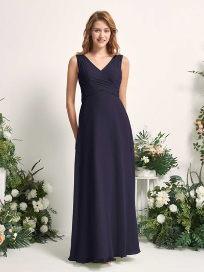 Carlyna June A-Line Dark Navy Bridesmaid Dress Maxi Sleeveless V-Neck Dress Front View #color_dark-navy