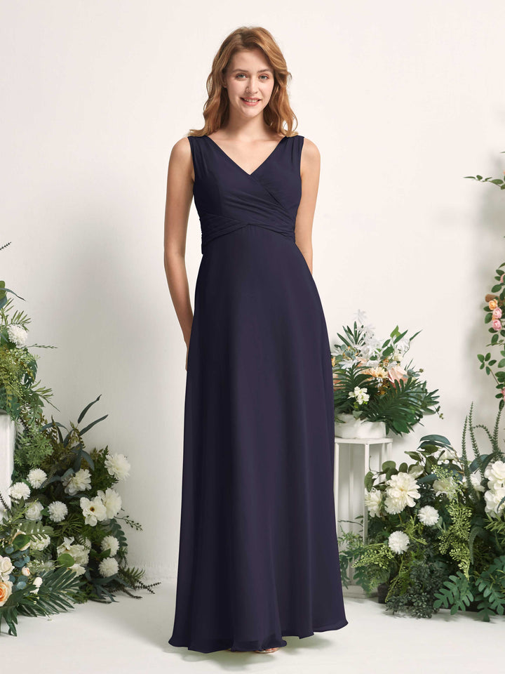 Bridesmaid Dress A-line Chiffon Straps Full Length Sleeveless Wedding Party Dress - Dark Navy (81227318)