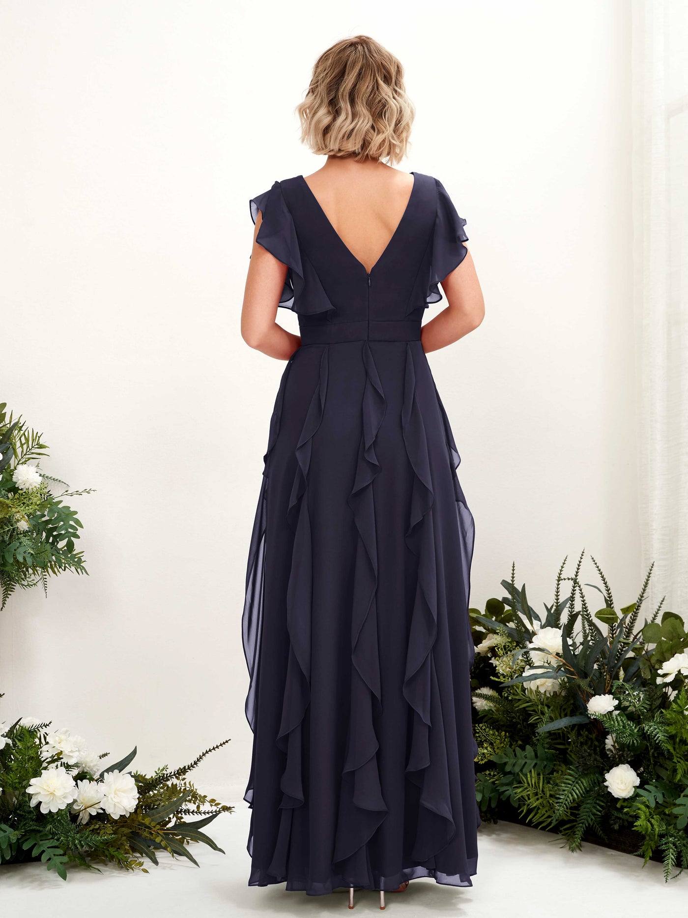 A-line Open back V-neck Short Sleeves Chiffon Bridesmaid Dress - Dark Navy (81226018)#color_dark-navy