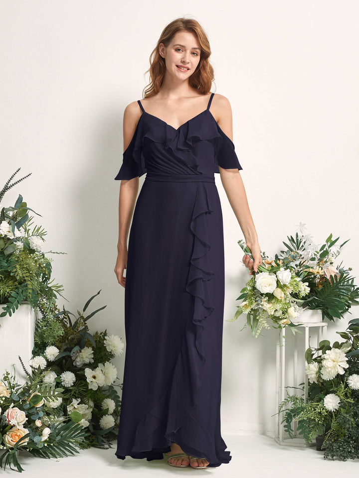 Bridesmaid Dress A-line Chiffon Spaghetti-straps Full Length Sleeveless Wedding Party Dress - Dark Navy (81227418)