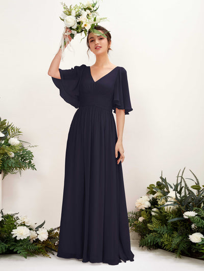 Carlyna Odette A-Line Dark Navy Bridesmaid Dress Maxi Short Sleeve V-Neck Dress Front View #color_dark-navy