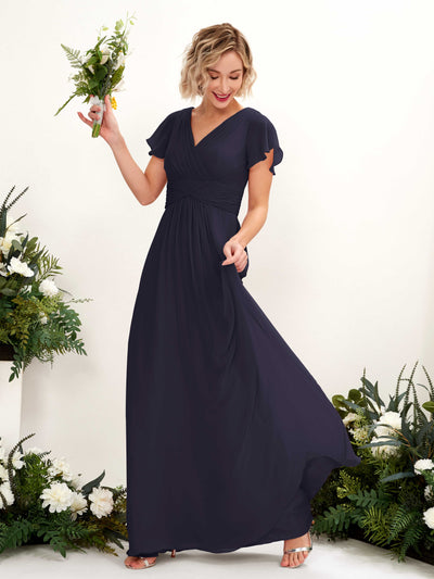 Carlyna Tolly A-Line Dark Navy Bridesmaid Dress Maxi Cap Sleeve V-Neck Dress Front View #color_dark-navy
