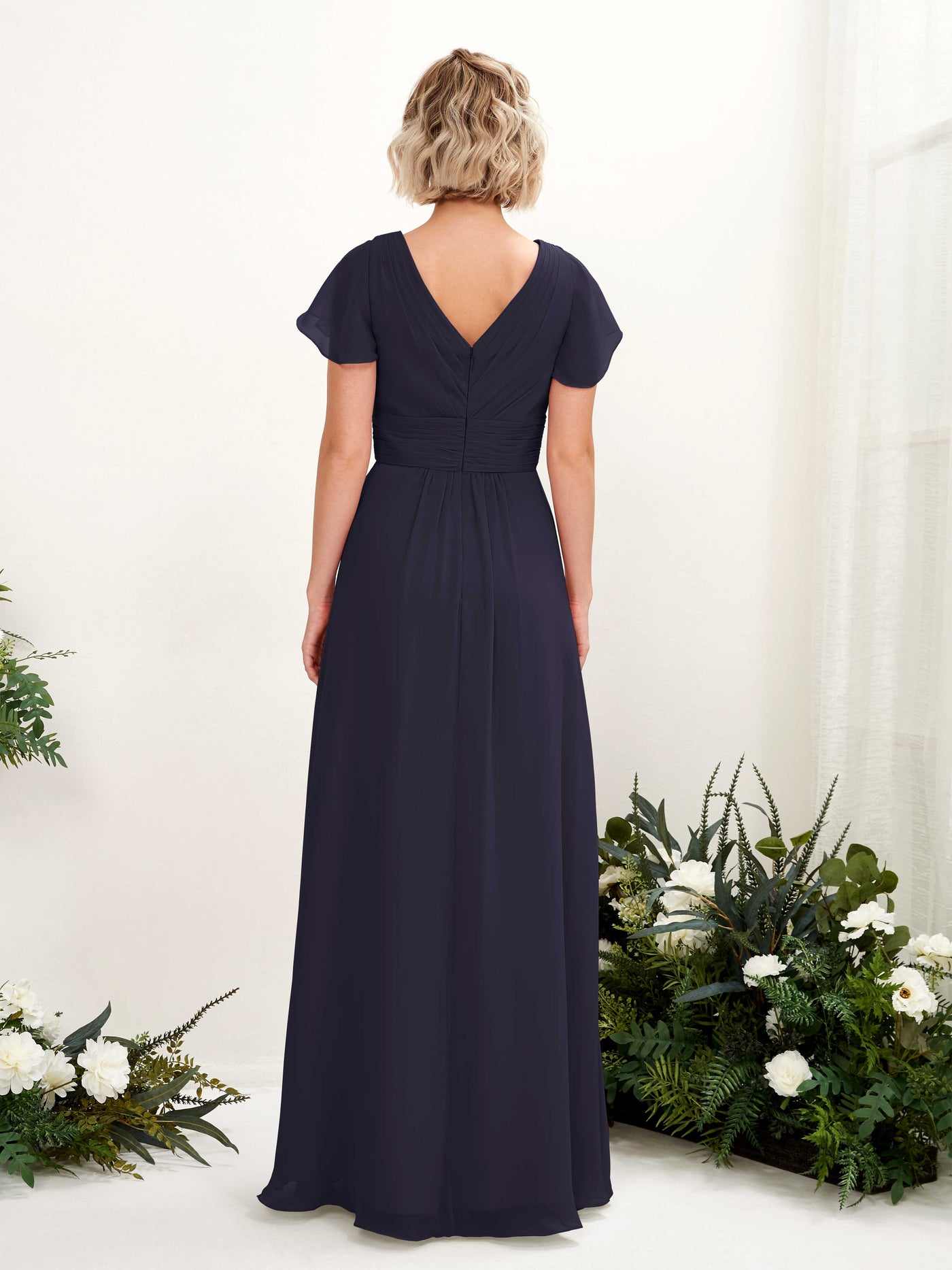 Dark Navy Bridesmaid Dresses Bridesmaid Dress A-line Chiffon V-neck Full Length Short Sleeves Wedding Party Dress (81224318)#color_dark-navy