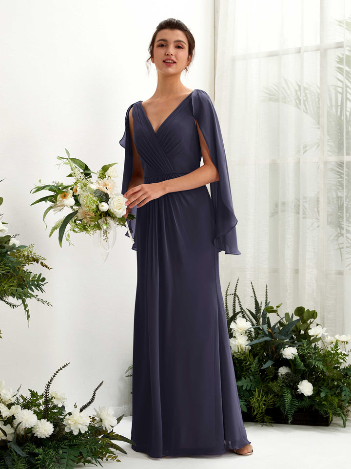 Dark Navy Bridesmaid Dresses Bridesmaid Dress A-line Chiffon Straps Full Length Long Sleeves Wedding Party Dress (80220118)