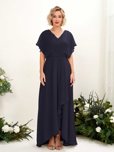Carlyna Soleil A-Line Dark Navy Bridesmaid Dress Maxi Short Sleeve V-Neck Dress Front View #color_dark-navy