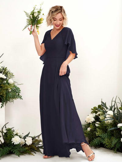 Carlyna Winnie A-Line Dark Navy Bridesmaid Dress Maxi Short Sleeve V-Neck Dress Front View #color_dark-navy