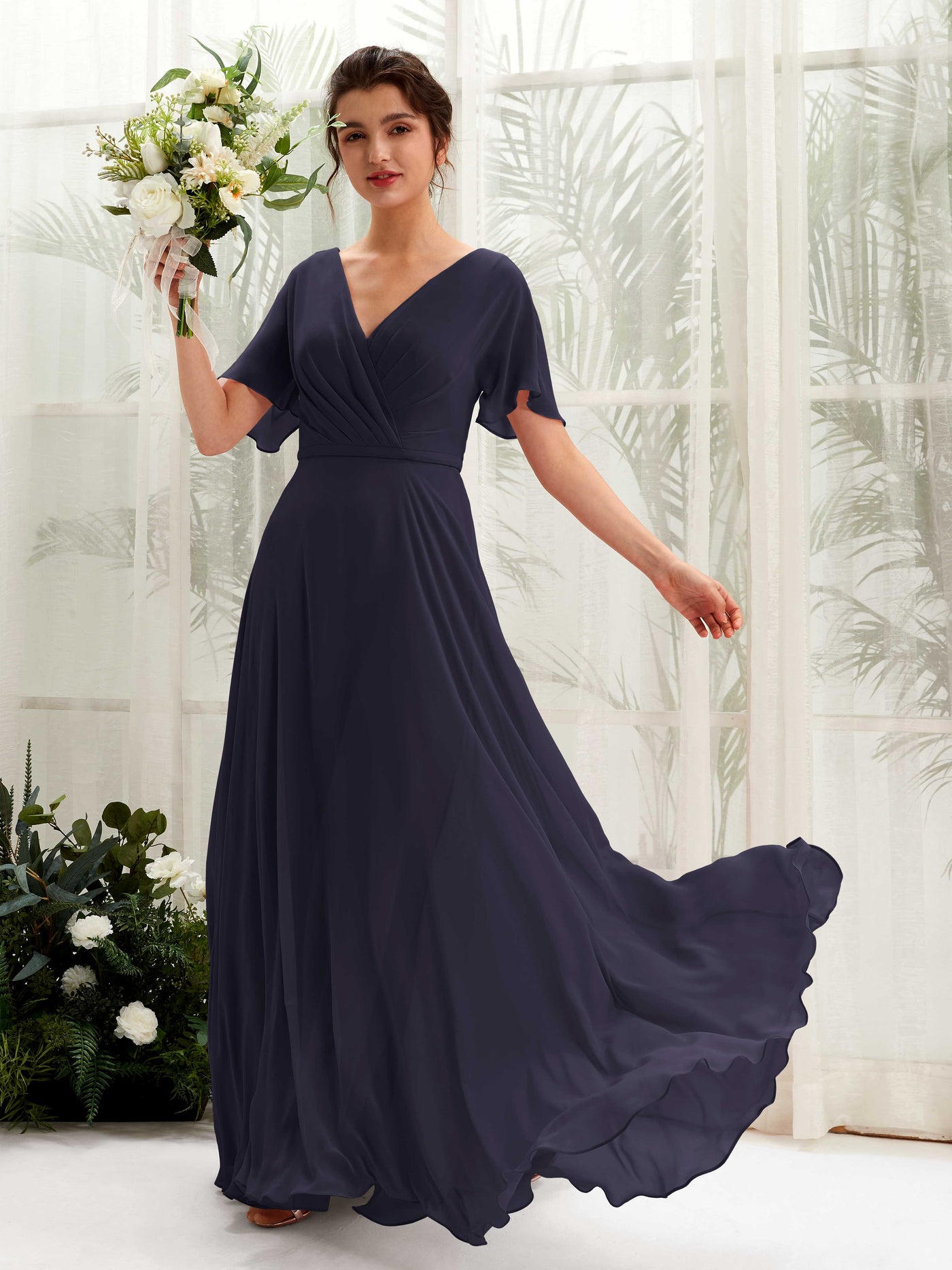Cicinia Dark Navy Bridesmaid Dresses Long Chiffon A-line V-neck 3/4 Sleeves Tea Length Cicinia Dark Navy Bridesmaid Dresses Long Chiffon A-line V-neck 3/4 Sleeves Tea Length