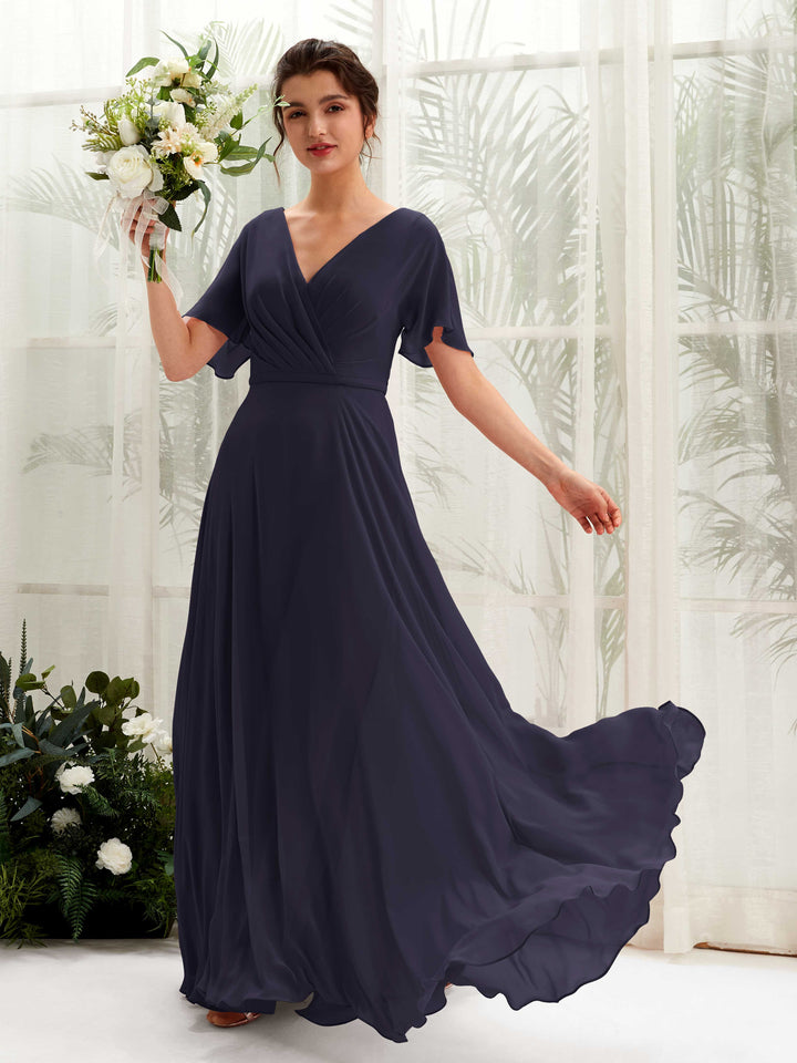 Dark Navy Bridesmaid Dresses Bridesmaid Dress A-line Chiffon V-neck Full Length Short Sleeves Wedding Party Dress (81224618)