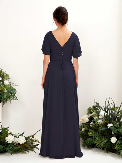 Carlyna Daphne A-Line Dark Navy Bridesmaid Dress Maxi Short Sleeve V-Neck Dress Back View #color_dark-navy