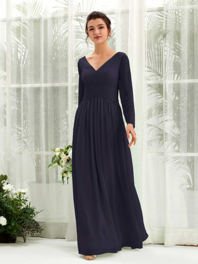 Carlyna Coline A-Line Dark Navy Bridesmaid Dress Maxi Long Sleeve V-Neck Front View #color_dark-navy