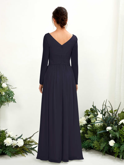 Carlyna Coline A-Line Dark Navy Bridesmaid Dress Maxi Long Sleeve V-Neck Back View #color_dark-navy