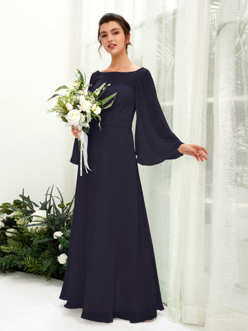 Dark Navy Bridesmaid Dresses Bridesmaid Dress A-line Chiffon Bateau Full Length Long Sleeves Wedding Party Dress (81220518)#color_dark-navy