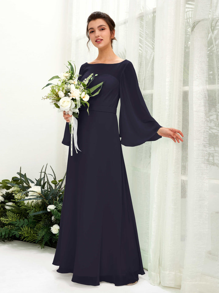 Dark Navy Bridesmaid Dresses Bridesmaid Dress A-line Chiffon Bateau Full Length Long Sleeves Wedding Party Dress (81220518)