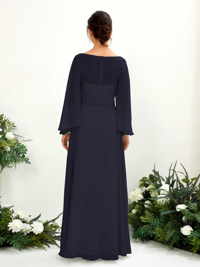 Carlyna Elie A-Line Dark Navy Bridesmaid Dress Maxi Long Sleeve Boat Neck Back View #color_dark-navy