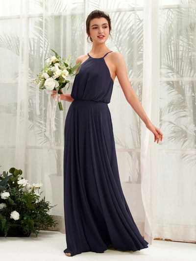 Carlyna Alva A-Line Dark Navy Bridesmaid Dress Maxi Sleeveless Halter Dress Front View #color_dark-navy