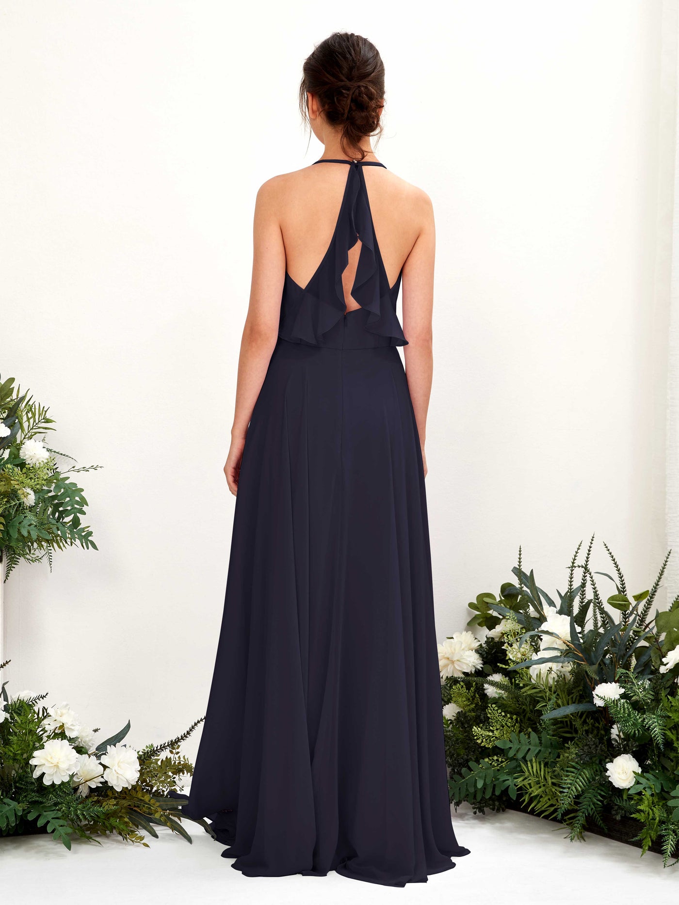Halter V-neck Sleeveless Chiffon Bridesmaid Dress - Dark Navy (81221018)#color_dark-navy