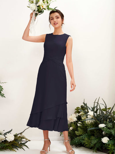 Carlyna Raina Mermaid Dark Navy Bridesmaid Dress Midi Sleeveless Round Neck Dress Front View #color_dark-navy