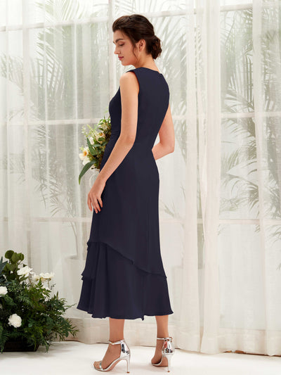 Carlyna Raina Mermaid Dark Navy Bridesmaid Dress Midi Sleeveless Round Neck Dress Back View #color_dark-navy