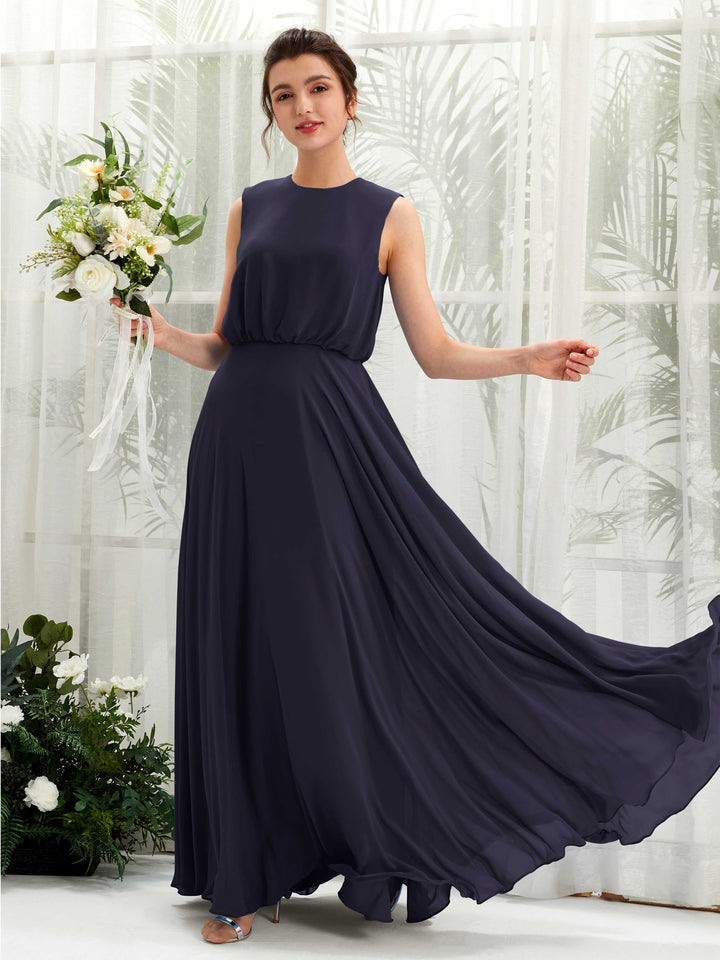 Dark Navy Bridesmaid Dresses Bridesmaid Dress A-line Chiffon Round Full Length Sleeveless Wedding Party Dress (81222818)