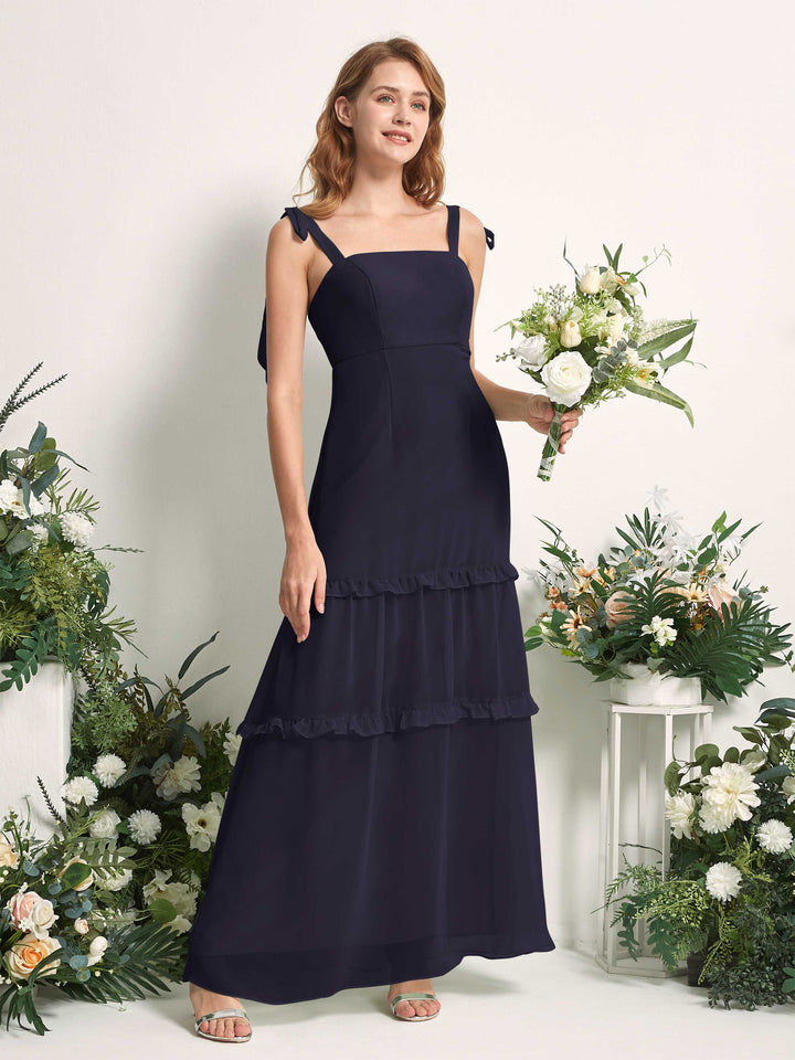 Bridesmaid Dress Chiffon Straps Full Length Sleeveless Wedding Party Dress - Dark Navy (81227518)
