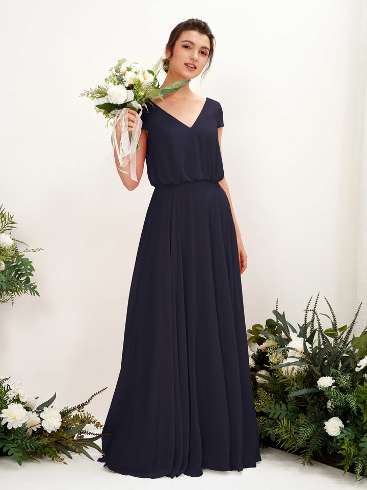 Dark Navy Bridesmaid Dresses Bridesmaid Dress A-line Chiffon V-neck Full Length Short Sleeves Wedding Party Dress (81221818)